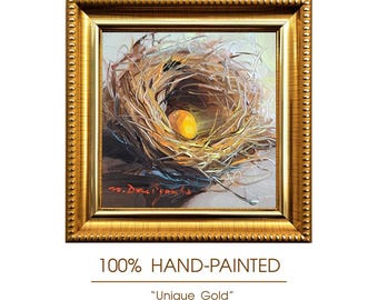 Original Oil Painting Nest, Gold Egg Wall Art, Framed Miniature Art