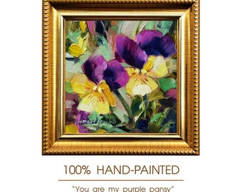 Original Oil Painting, Yellow Purple Pansy Wall Art Decor, Small Framed Floral Art