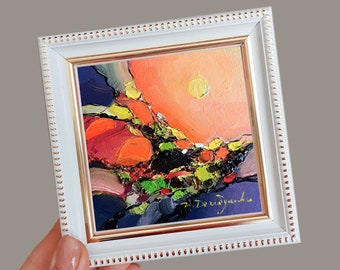 Abstract painting small framed art, Original oil painting abstract Landscape, Small wall art tiny painting Birthday gift, Small framed art