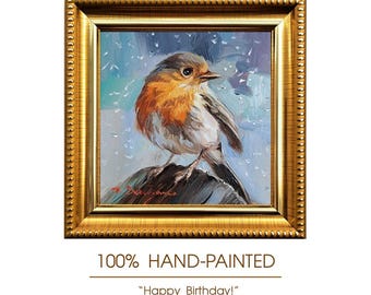 Original Robin Bird Oil Painting, Miniature 4x4 Artwork, Framed Bird Art