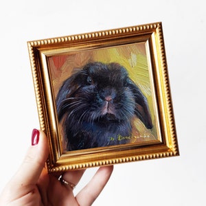 Custom pet portrait painting 4x4 in frame, Small bunny oil painting original framed artwork, Black rabbit pet portrait oil art mini gift 4x4 gold frame