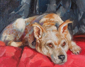 Custom pet portrait dog painting original, Beige dog on red painting from photo, Animal painting