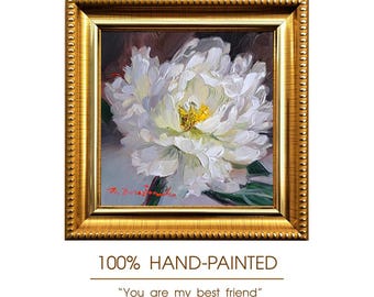 Original Framed Peony Oil Painting, Impressionist Floral Wall Art (4x4 inch)