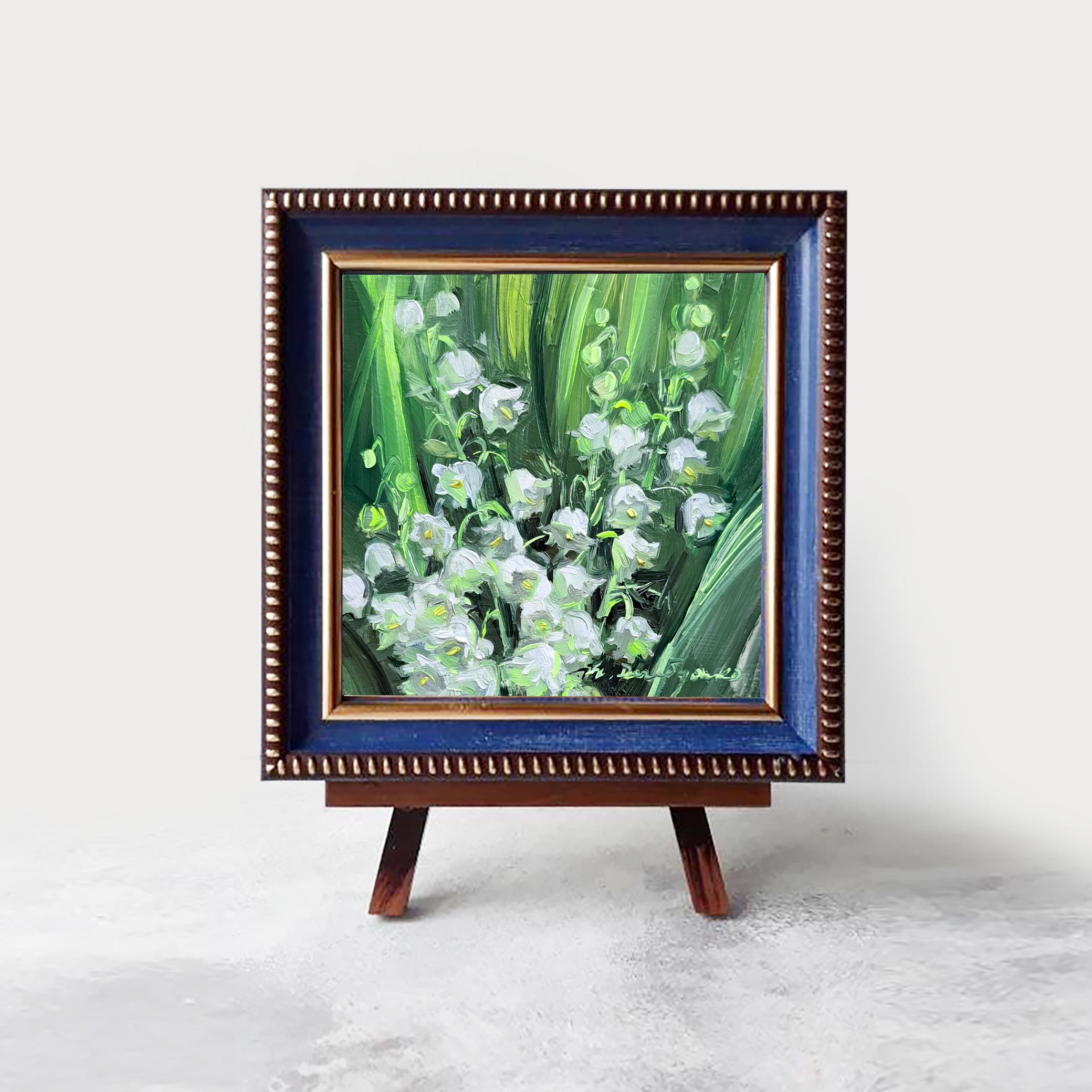 スズランの絵画、誕生花ギフト、小さな額入り花のアート 4 x 4 インチ