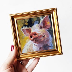 Pig oil painting original artwork 4x4, Small frame art, Nursery wall artwork piggy lover gift
