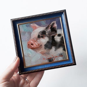 Pig mini art oil painting original artwork 4x4, Small frame art, Nursery wall artwork piggy lover gift
