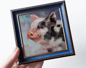 Schwein Mini Kunst Ölgemälde Original Kunstwerk 100x100, kleiner Rahmen Kunst, Kinderzimmer Wand Kunstwerk Schweinchen Liebhaber Geschenk