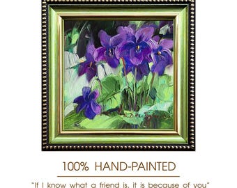 スミレの花の油絵オリジナル、額装済みミニチュア花柄ウォールアート