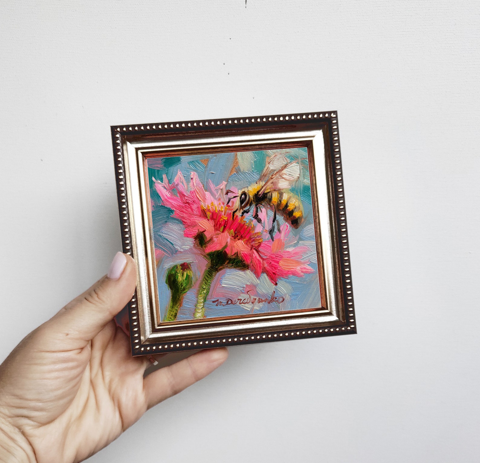 Bee Oil Painting Original Art Pink Flower Bee Wall Art | Etsy Canada