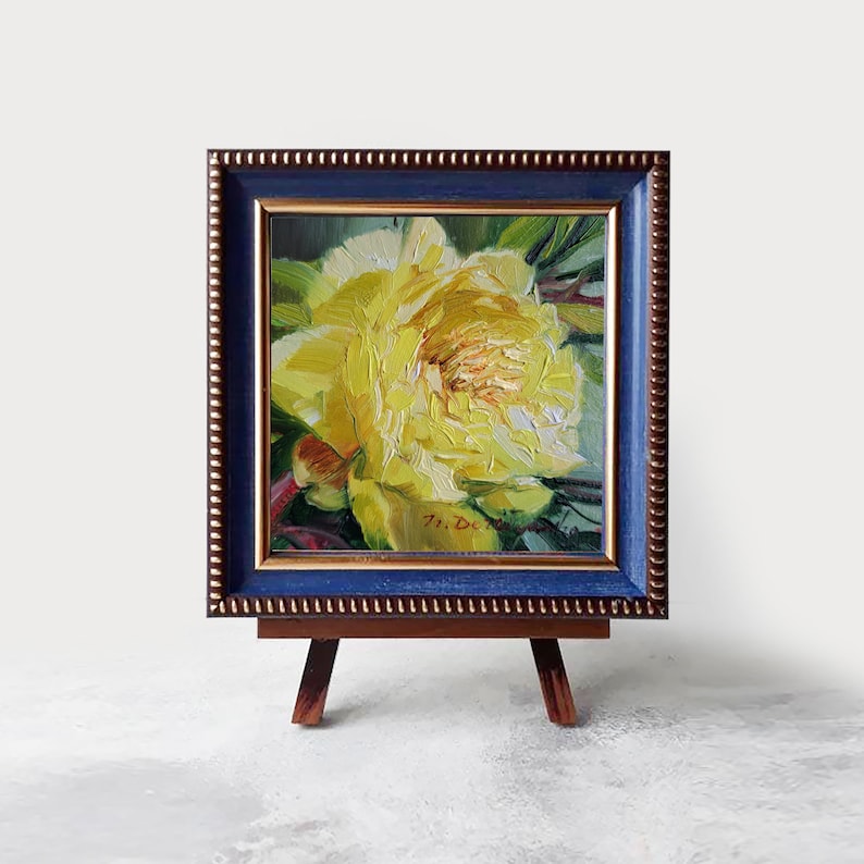 Peony flower oil painting original art, Floral painting yellow peony artwork impressionist, Birthday gift for women frame + wooden easel inches