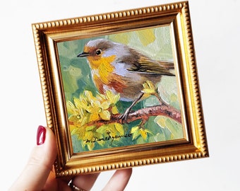 Robin bird painting original in frame, Miniature small oil painting 4x4 bird art gift for mom, Small art frame bird on blossom brunch