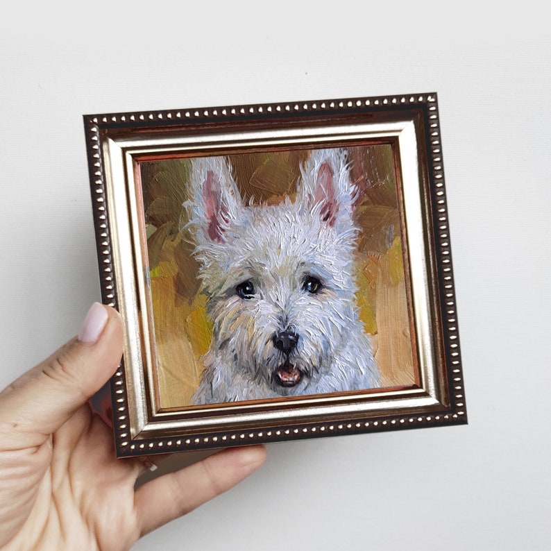 Small dog oil painting original artwork, Custom Pet portrait oil art mini gift White Terrier painting from photo 4x4 in frame 4x4 silvergold frame