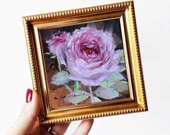 紫のバラの花のアートオリジナル油絵キャンバス、ライラックの抽象的な