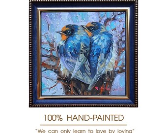 オリジナル油絵、ツバメのカップルアート、額装済み 5 x 5インチ
