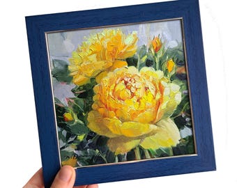 オリジナルの黄色いバラの油絵、印象派風の花柄キャンバスアート作品