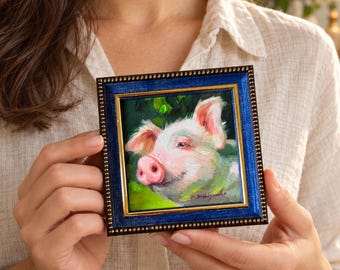 Original Pig Oil Painting 4x4", Miniature Piglet Portrait in Different Colors Frame, Small Farm Animal Art Happy Gift