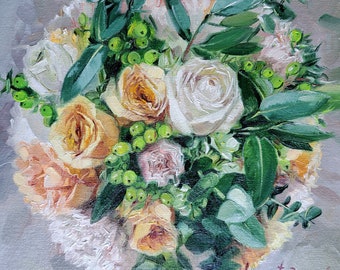 Custom Wedding Bouquet Painting, Bridal Flowers Oil Portrait on Canvas