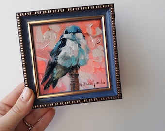 ORIGINALE uccello blu pittura a olio 4x4 in cornice, Swallow pulcino miniature pittura, Nursery wall art pink birdie