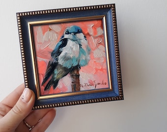 ORIGINAL blue bird oil painting 4x4 in frame, Swallow chick miniatures painting, Nursery wall art pink birdie