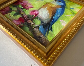 Original Bluebird Oil Painting, Framed Miniature Wall Art, 4x4