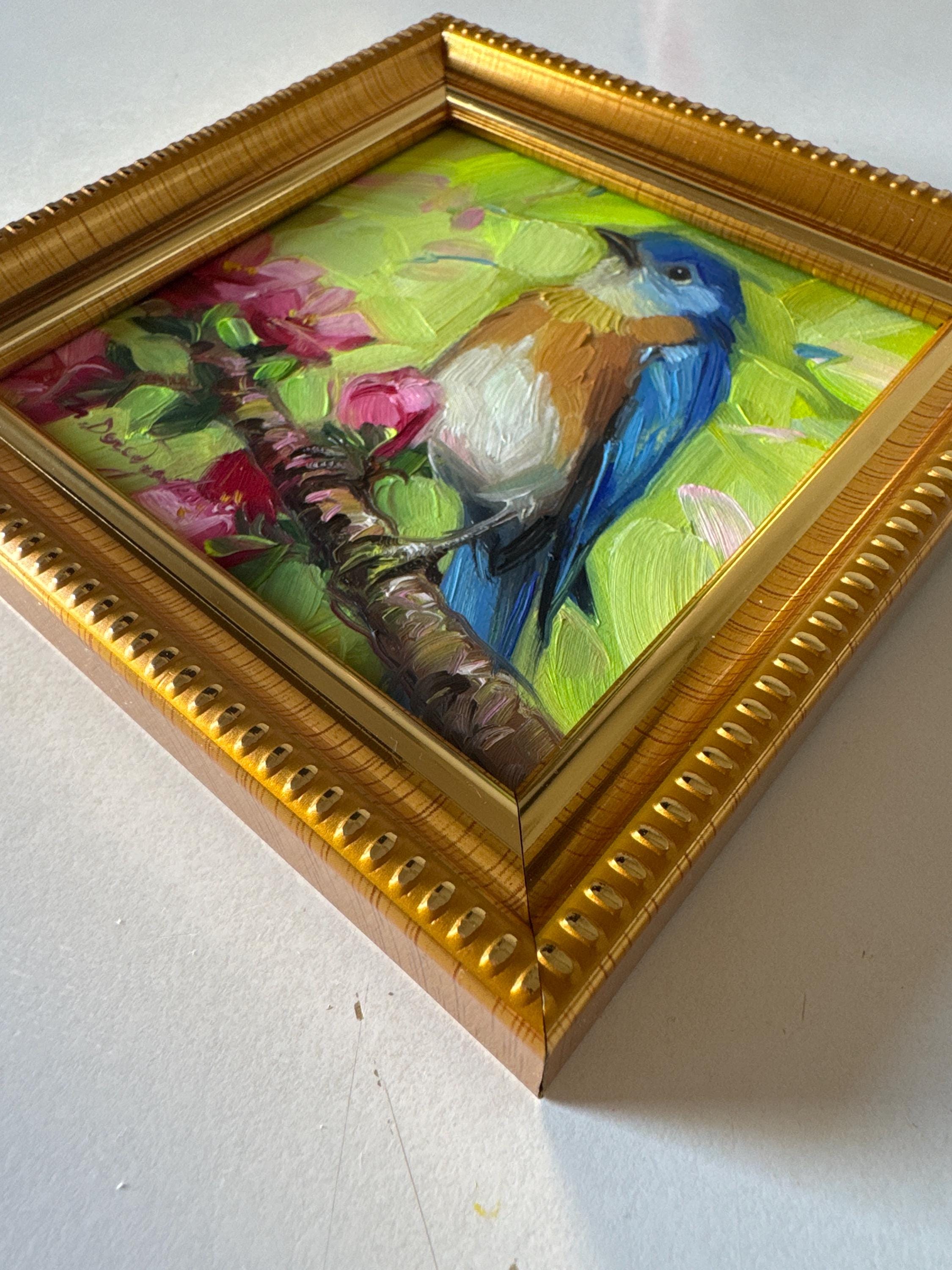 Original Bluebird Oil Painting, Framed Miniature Wall Art, 4x4
