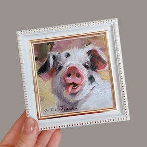 Pig mini art oil painting original artwork 4x4, Small frame art, Nursery wall artwork piggy lover gift
