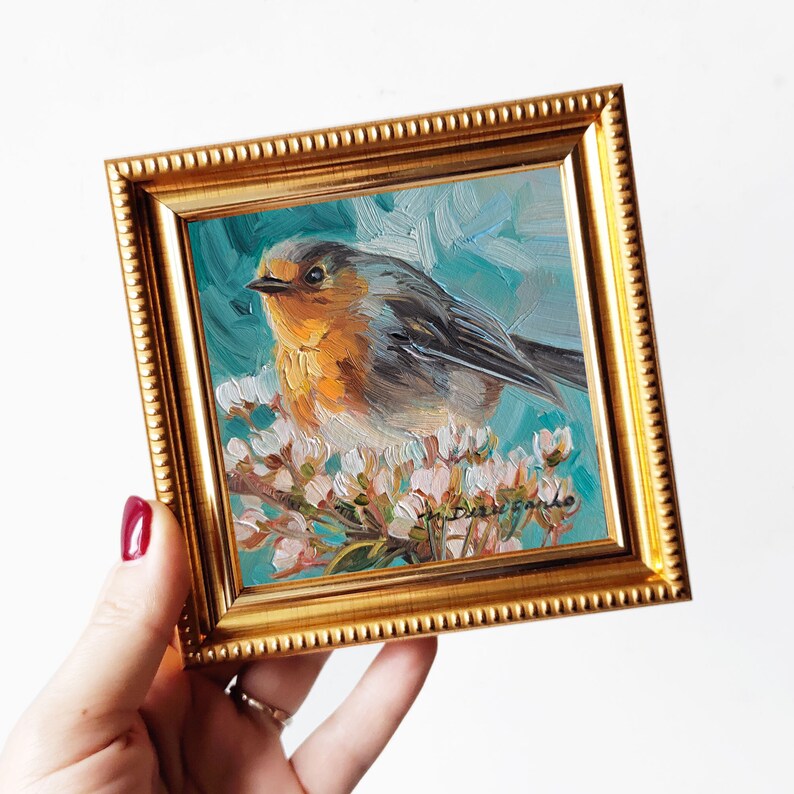 Robin bird painting original in frame, Miniature small oil painting 4x4 bird art gift for mom, Small art frame bird on blossom brunch 4x4 gold frame