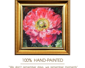 Original Oil Poppy Painting, 4x4 Inch Framed Artwork, Impressionist Floral Art
