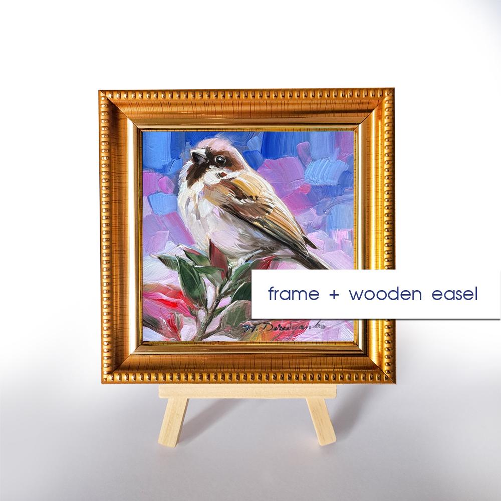 オリジナル油絵スズメ作品 4 x 4インチ、小鳥アート、額装済み自然