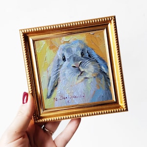 Cute rabbit oil painting original framed 4x4, Small framed art gray rabbit artwork yellow background, Happy birthday gift