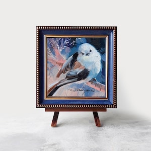 original-bird-painting-4x4-white-fluffy-bird-art-picture-in-blue-frame
