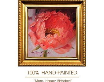 Original Coral Peony Oil Painting 4x4 Inch, Framed Floral Wall Art