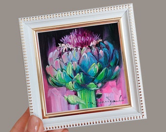 Artichoke art oil painting original in frame 4x4, Tiny painting flowers, Unique flower wall art, Floral art gift best friend