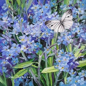 Small oil painting original blue flowers painting canvas 5x5, Forget-me-not flowers picture frame floral artwork, Birthday gift idea