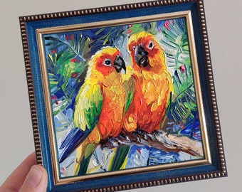 Two parrot birds painting original oil art framed 5x5 inch, Couple Love art gift for Anniversary