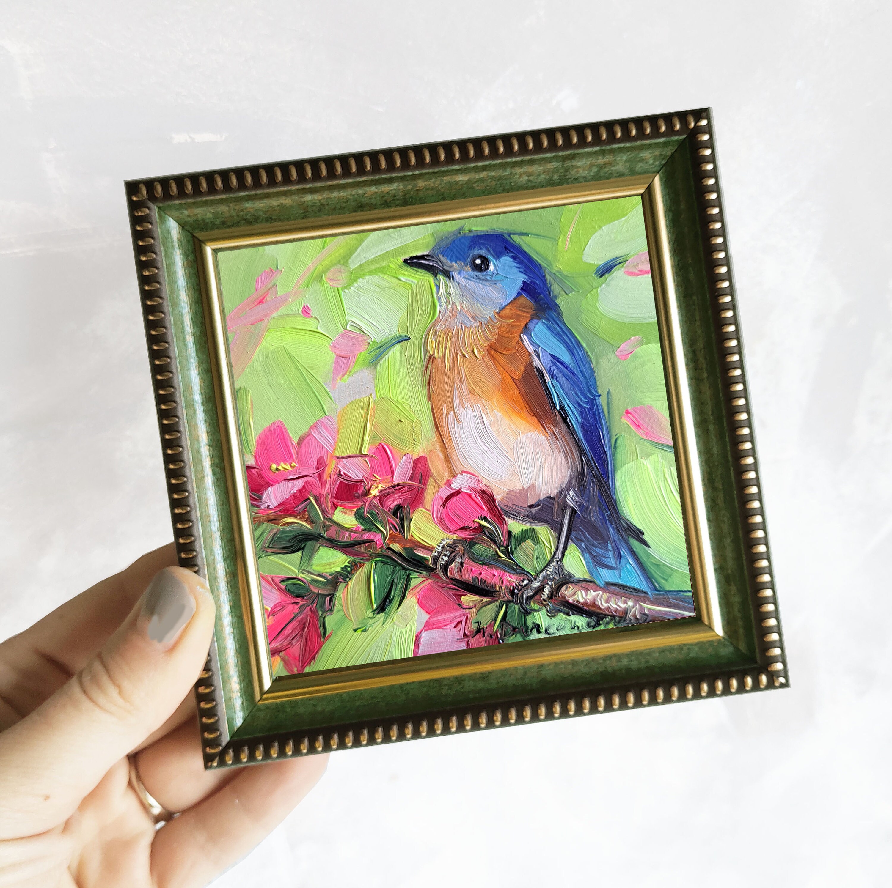 Bluebird Oil Painting Original Framed 4x4, Blue Bird Art Miniature