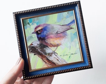 オリジナル油絵の鳥のアート、青い額縁、4 x 4インチの動物