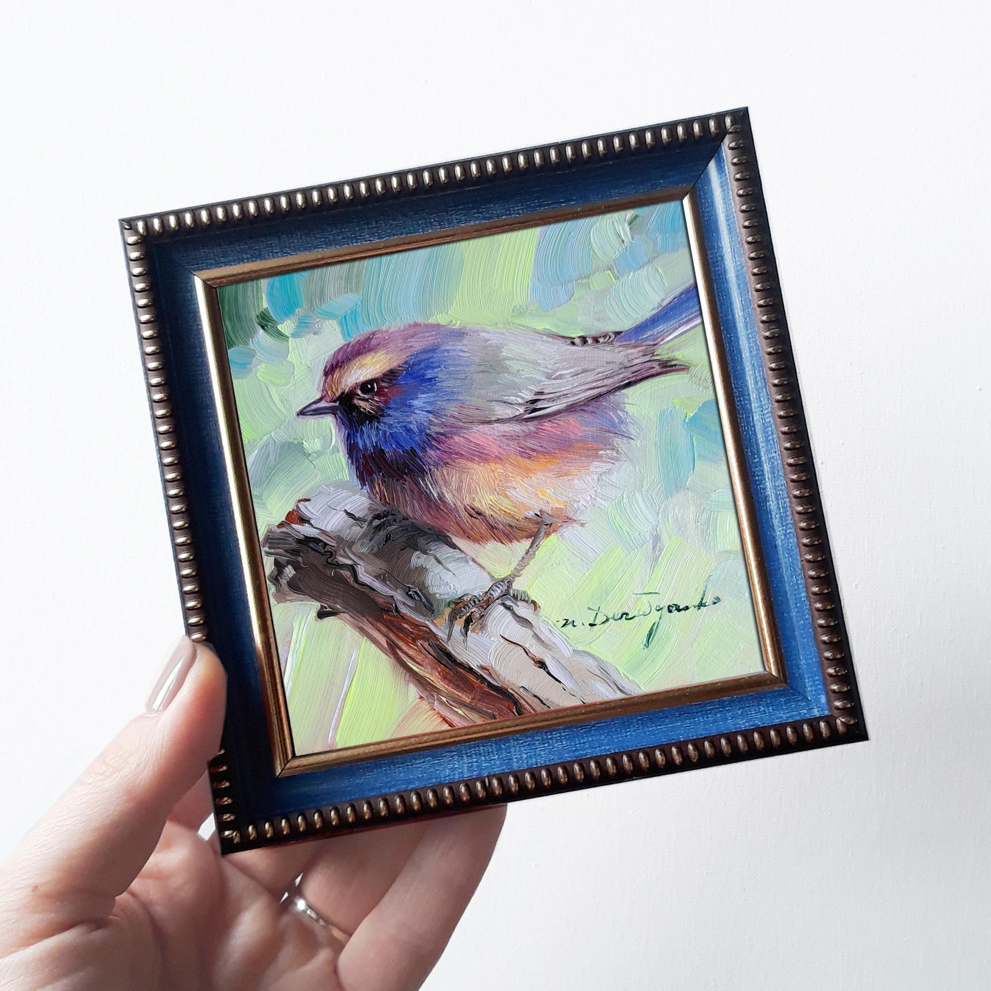 オリジナル油絵の鳥のアート、青い額縁、4 x 4インチの動物