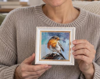 Original Robin Bird Oil Painting, Miniature 4x4 Artwork, Framed Bird Art