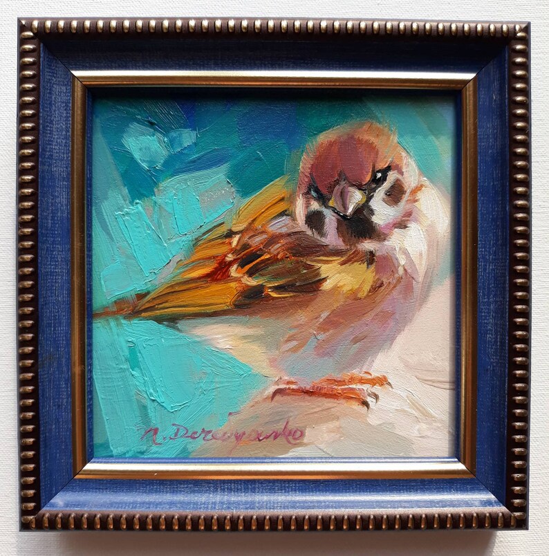 Sparrow art oil framed Small bird painting original in frame Etsy