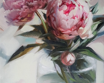 Peonies in vase oil painting on canvas original, Flowers blossom peony wall art, Valentine's day gift for women