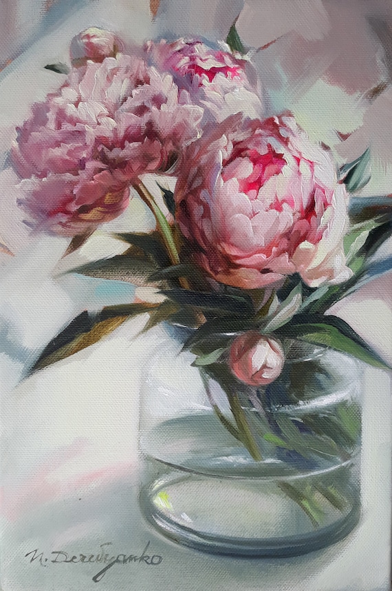 Peonie In Vaso Pittura Ad Olio Su Tela Originale Fiori Etsy