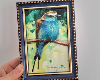 Teal bird miniature oil painting original 4x4 framed art, Blue Bird wall wildlife art gift for girlfriend