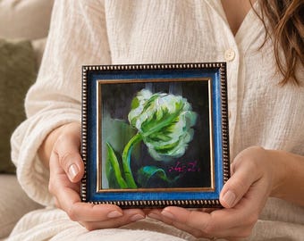 Original Oil Painting Tulip Flower Art 4x4 inch, Framed Wall Decor Impressionist Floral Artwork