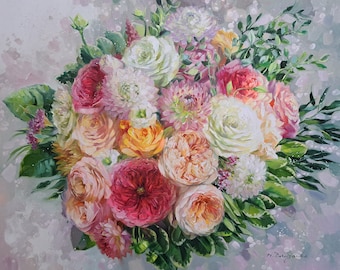 Custom Wedding Bouquet Oil Painting on Canvas, Anniversary Gift