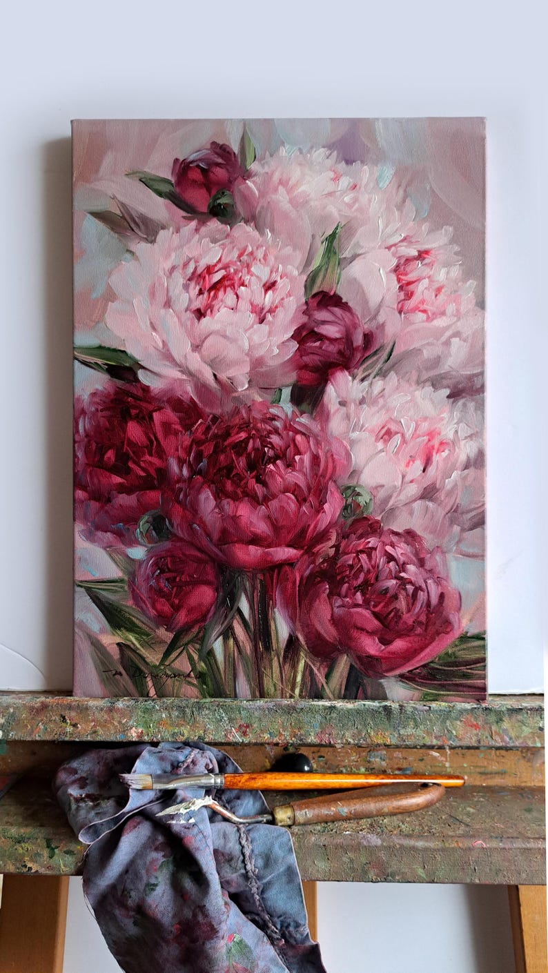 Original Peony Oil Painting on Canvas, Floral Wall Art 10x14 Inch - Etsy