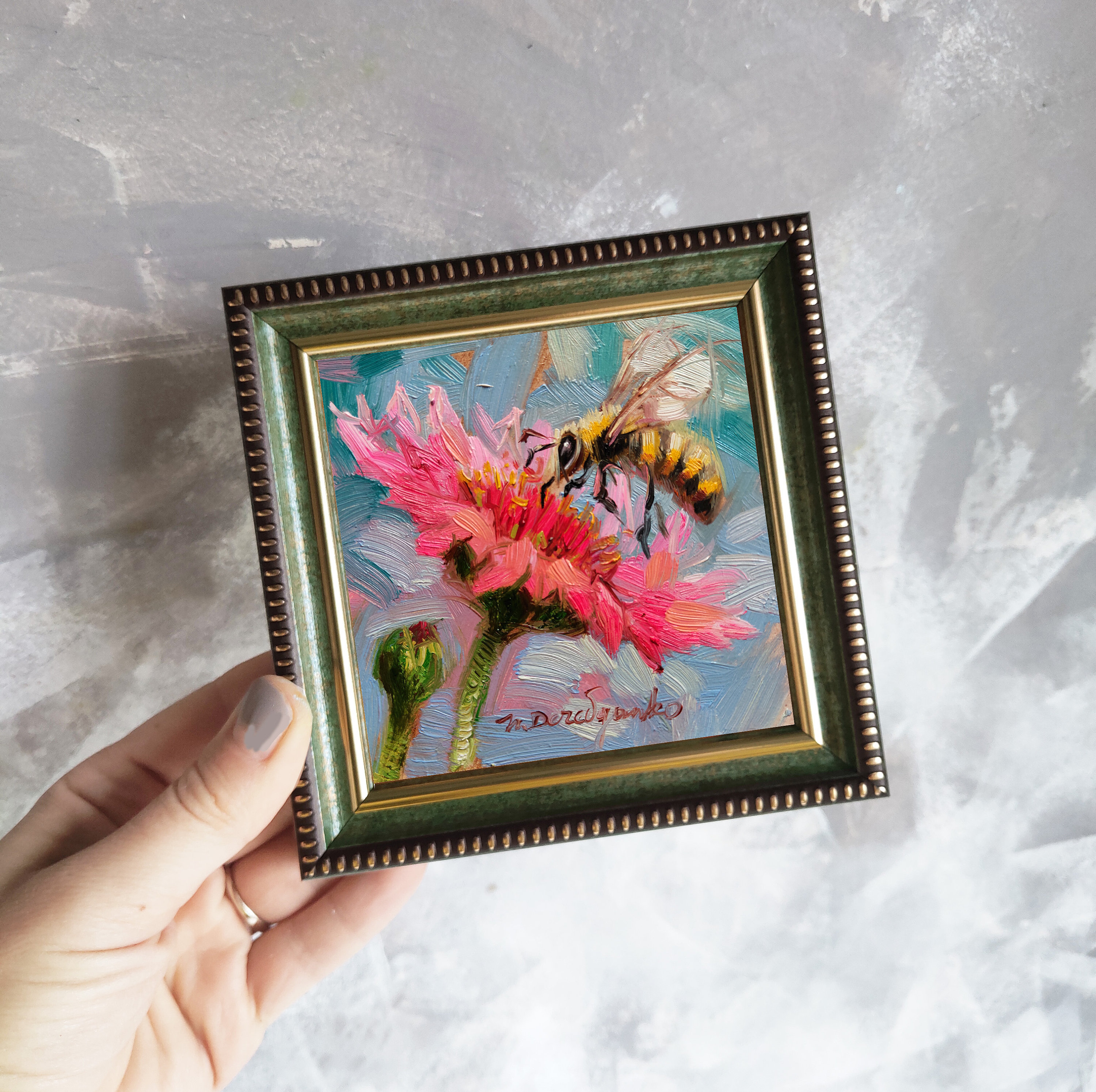 Bee Oil Painting Original Art Pink Flower Bee Wall Art | Etsy Canada