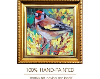 Original Goldfinch Oil Painting, Miniature Framed Bird Wall Art (4x4 Inch)
