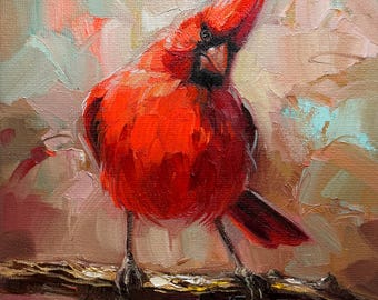 Original Oil Painting Cardinal Bird Art 5x5 Inch Framed Miniature Canvas