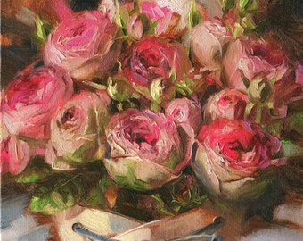 Original Rose Oil Painting, Floral Impressionist Artwork, 8x8 in